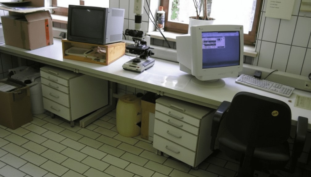 Mikroskop mit Bildschirm (links) und Labor-PC zur Eintragung der Analyseergebnisse