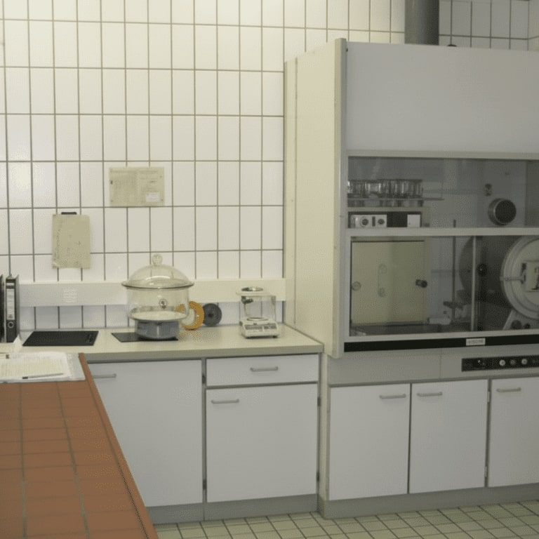 Präzisionswaage (mitte), Exikator (links) und Ofen zur Probentrocknung im Abzugsschrank (rechts)