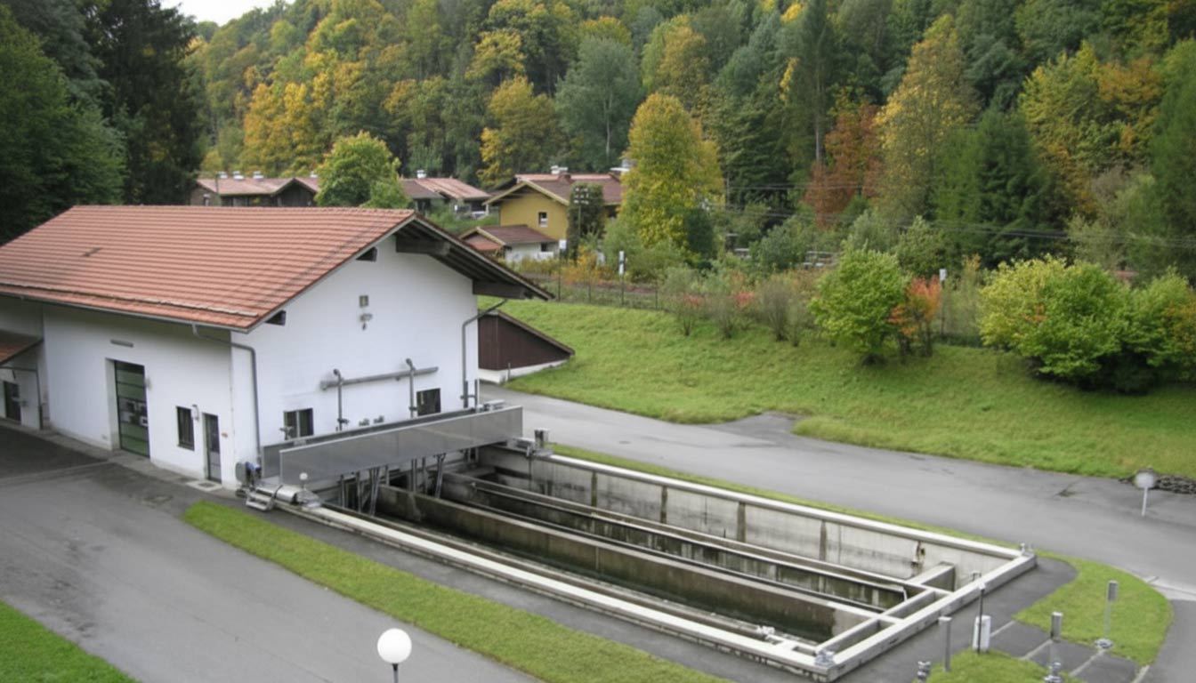 Rechengebäude mit Sandfang- und Flotationsbecken