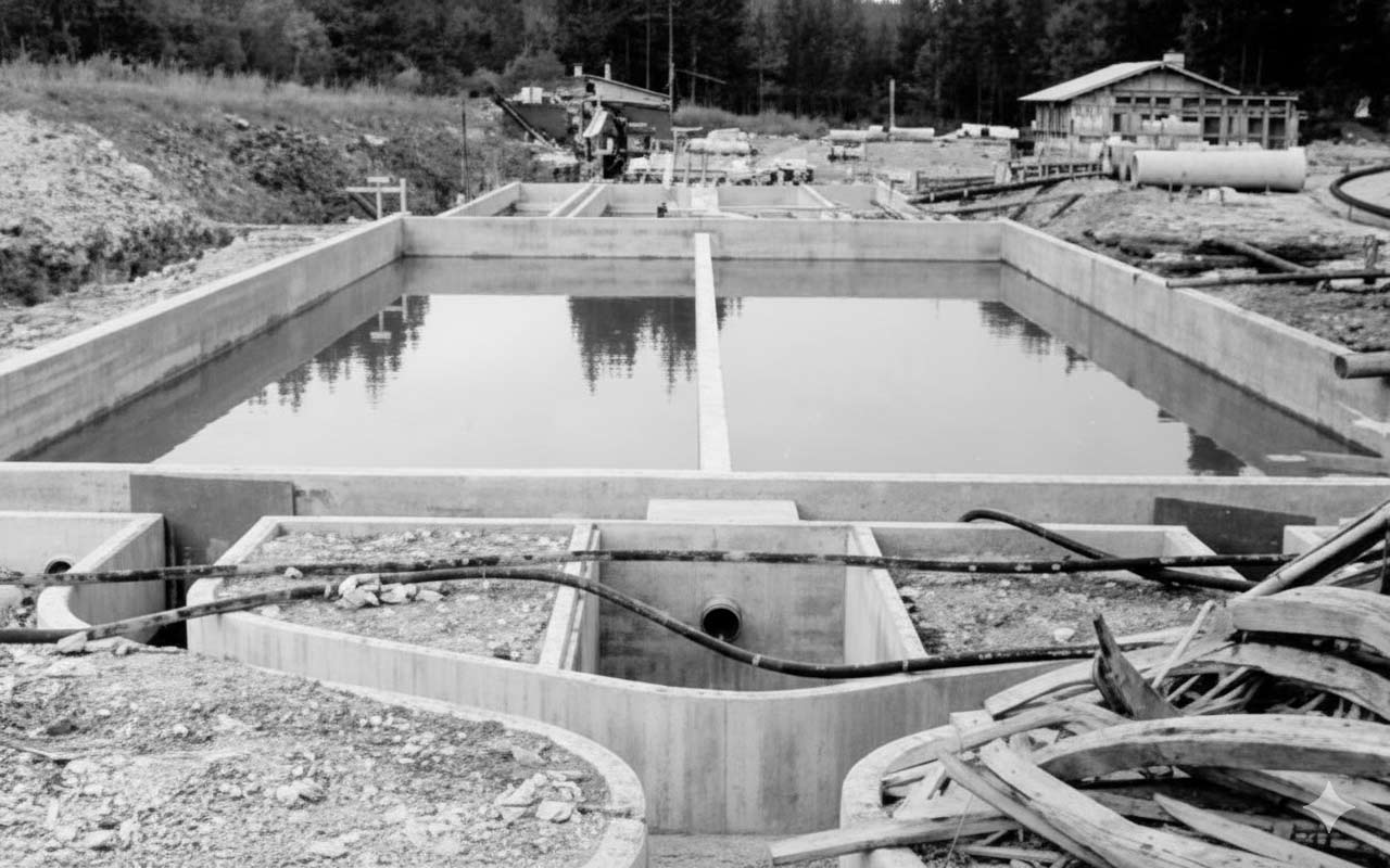 Vorklärbecken aus Sicht des Einlaufs am 04.04.1963